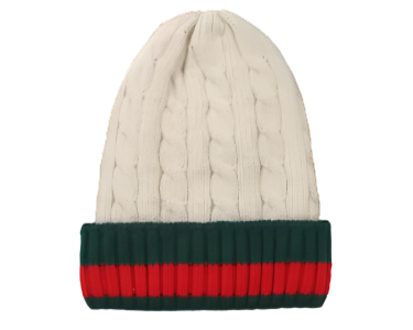Beige Men's Winter knitted hat with green and red Striped Wool Beanie